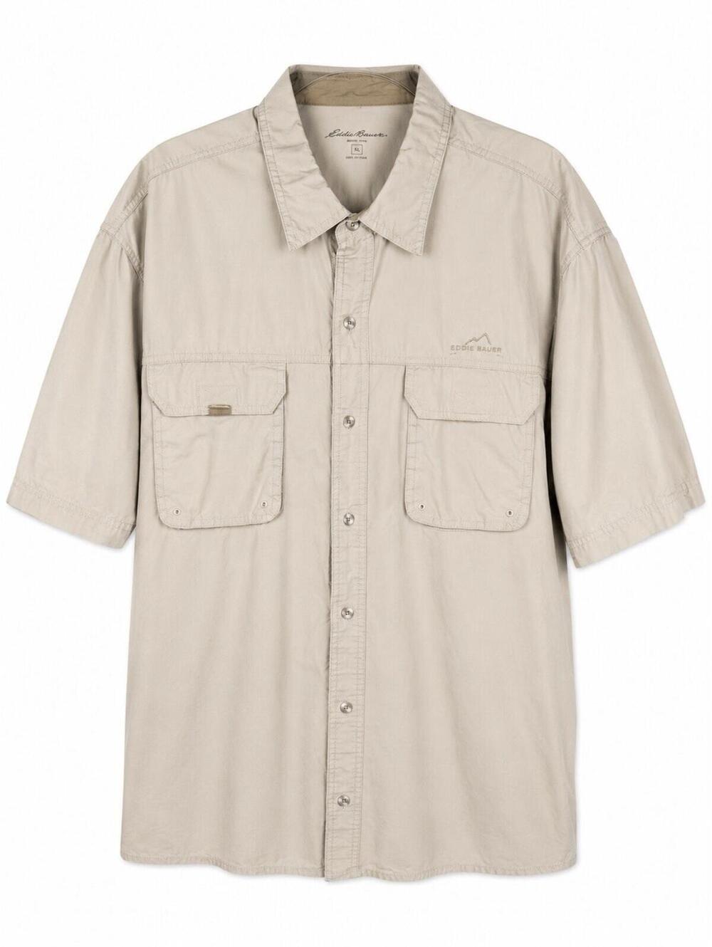 Eddie Bauer XL Fishing Shirt Beige Short Sleeve Ripstop Cotton Utility Outdoor